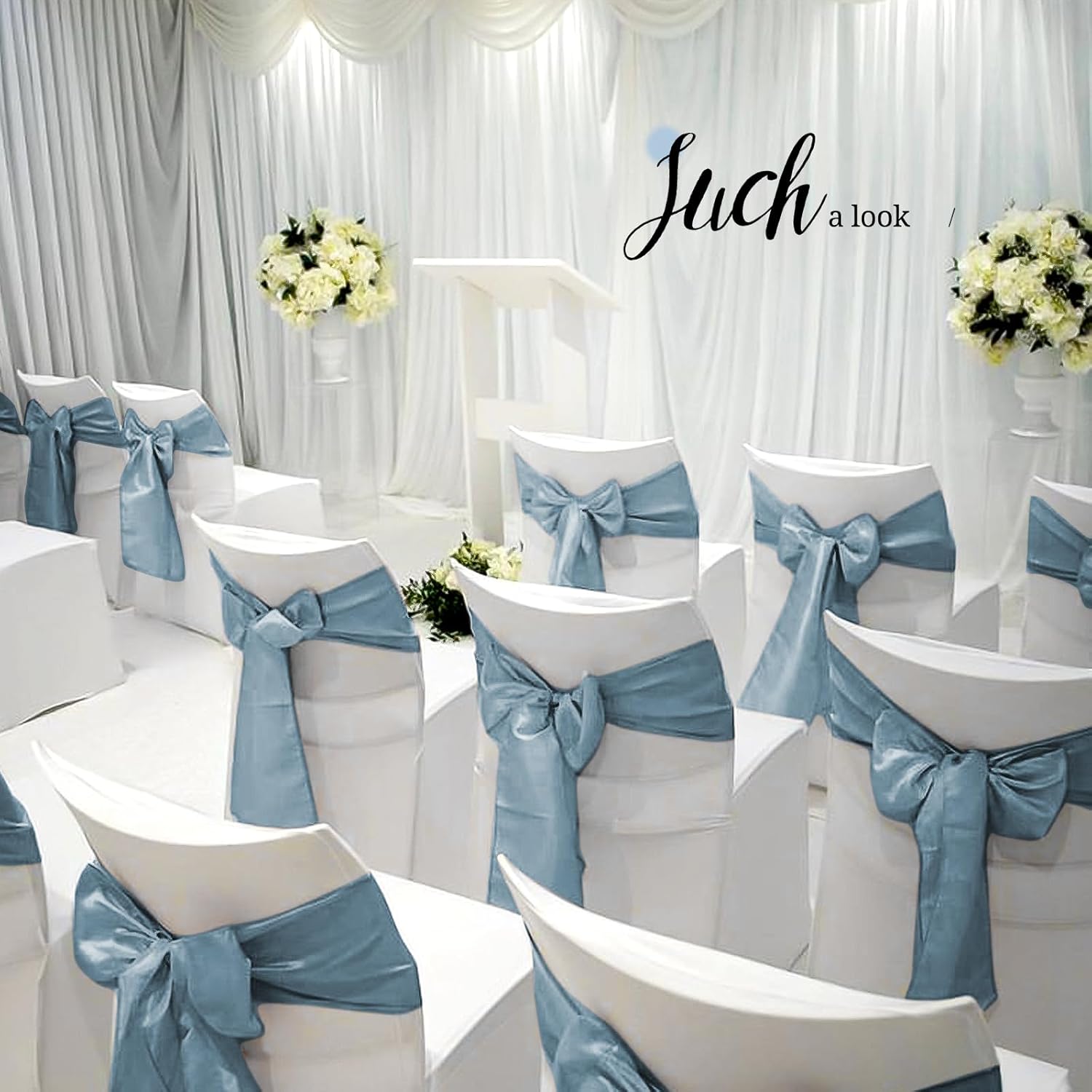 Pesonlook 50Pcs Satin Chair Sashes Ties, Dusty Blue Satin Chair Sashes Bows Chair Cover Back Tie Supplies for Wedding Reception Events Banquets Party, Hotel Event, Chairs Decoration