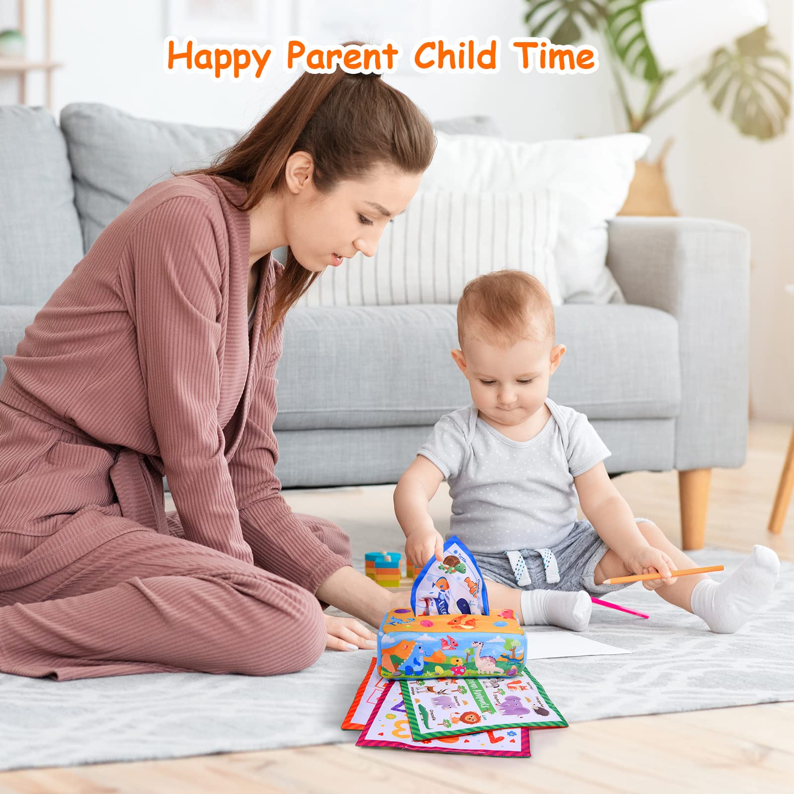 Vicloon Livre Tissu Bébé,Jouet Bébé Boîte à Mouchoirs+4 Morceaux de Papier + 15 Gaze avec Couleurs,Textures,Sons-Nouveaux Jouets Sensoriel Jeux Montessori pour Bébés de 6 à 18 Mois