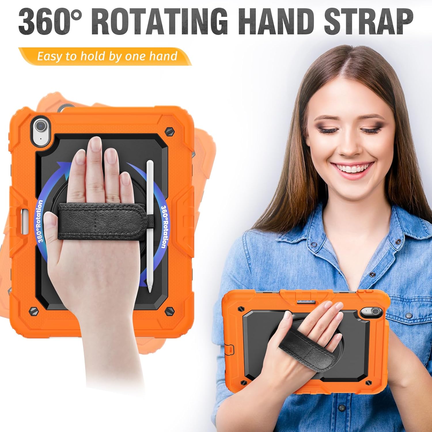 HXCASEAC Case for iPad Air 11 inch (2025 M3 / 2024 M2), Shockproof Design with Pencil Holder/Screen Protector/Rotating Hand Strap, Protective Cover for iPad Air 7th/6th Generation - Orange