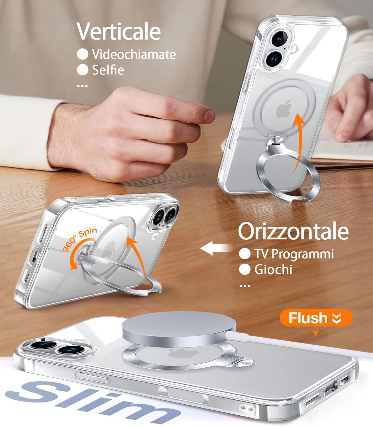 HaloArt 360° Girevole Supporto Magnetica Cover per iPhone 16 Plus [Stabile CD Anello Supporto per MagSafe] [N.1 Potenza Magnetica & Protezione Militare]Custodia Protettiva Antiurto Sottile,Trasparente