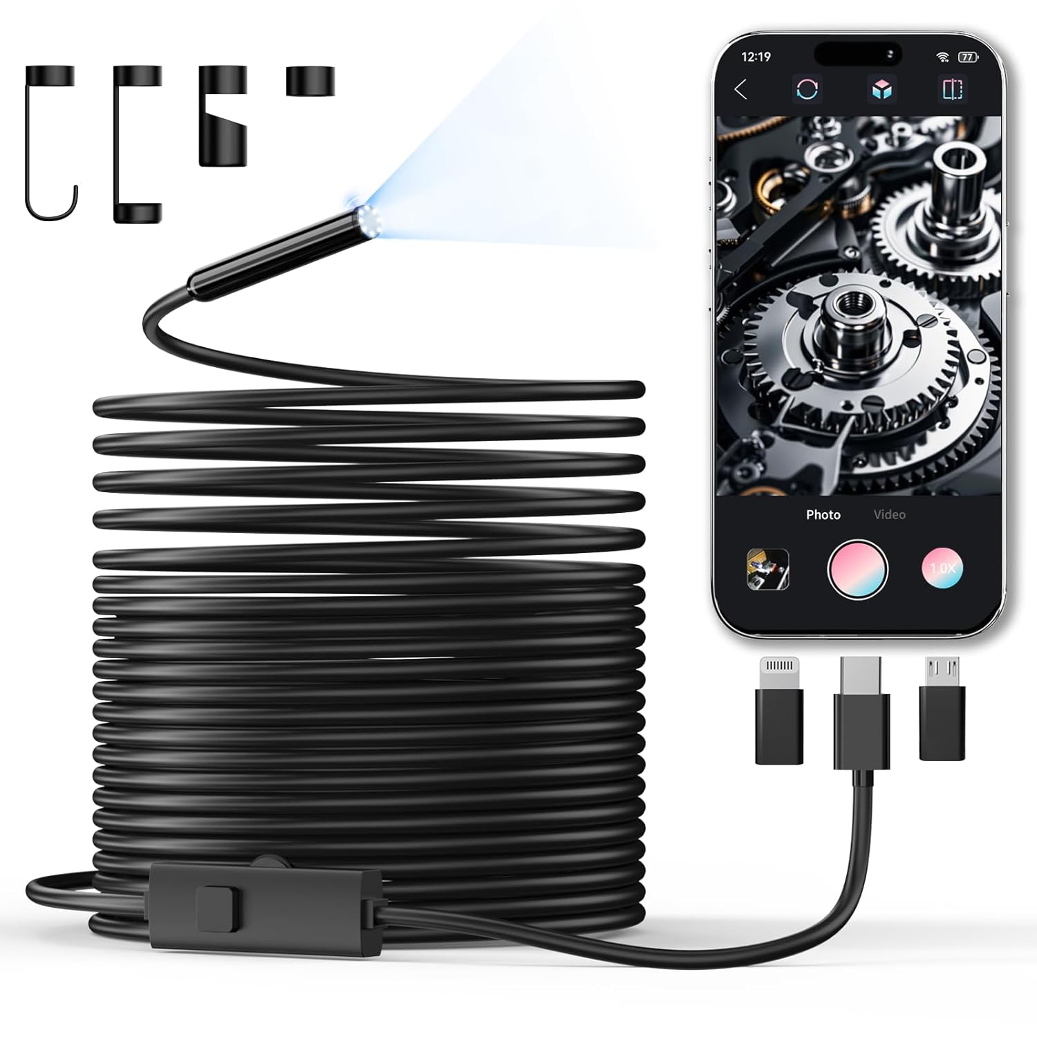 Endoscope Camera with Light, 1920P HD Borescope Inspection Camera with 8 Adjustable LEDs, IP67 Waterproof Semi-Rigid Snake Cable for Android, iPhone, and iPad(32.8ft, Dual Lens)