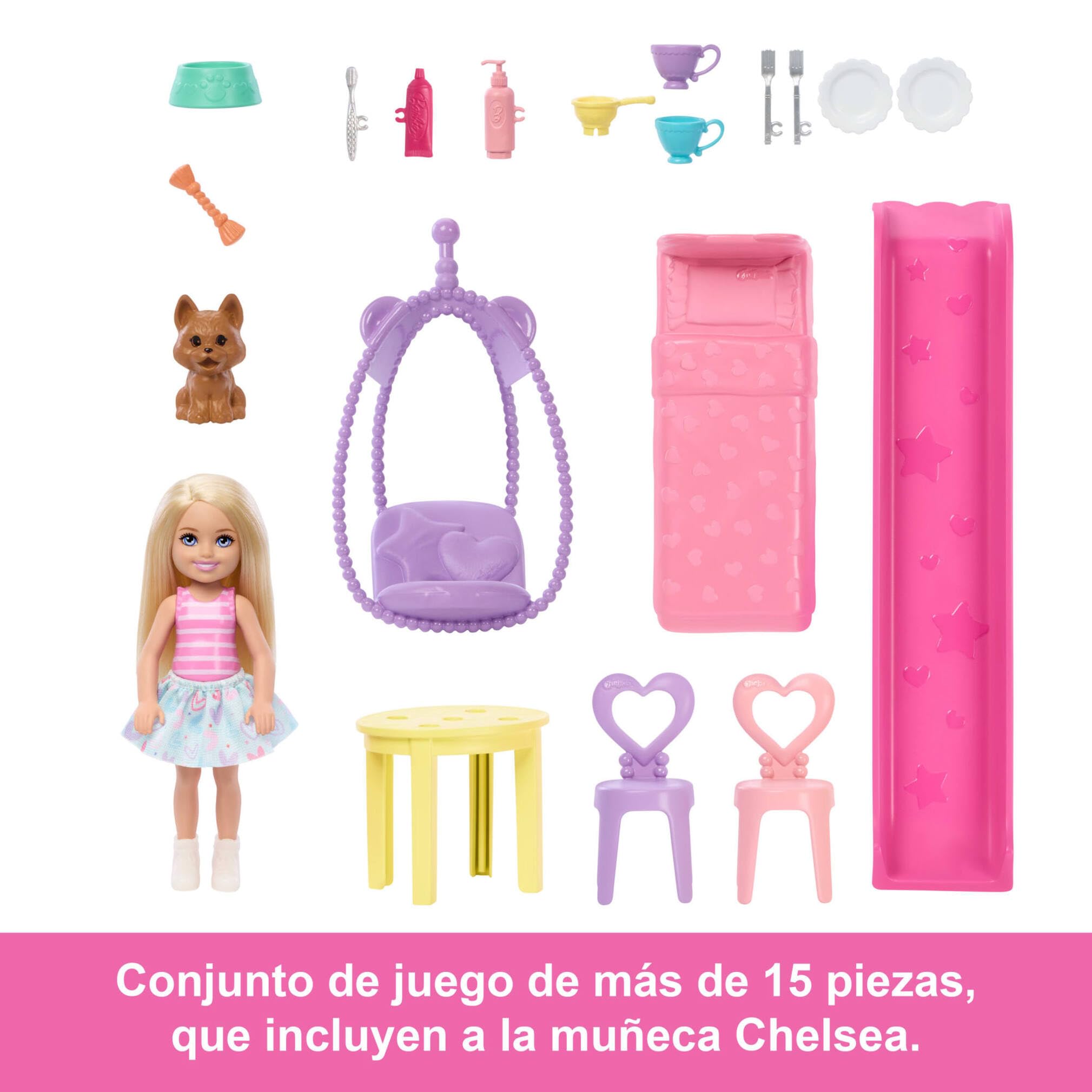 Barbie Chelsea Casa de muñecas con más de 15 accesorios, casa desplegable que se amplía a más de 43,2x33cm con 5 áreas de juego y tobogán, incluye muñeca pequeña y perrito mascota, JFW49