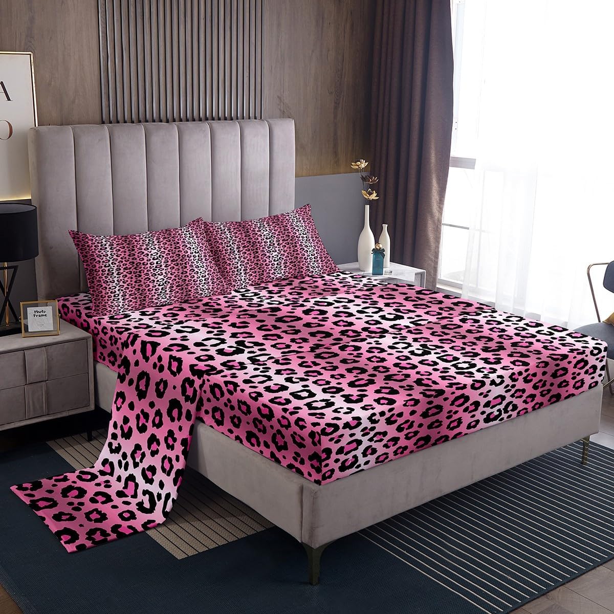 Hot Pink Leopard Bed Sheets Set King, Cheetah Fur Print Sheet Set Teens Leopard Stripes Sheets with Deep Pocket Fitted Sheet Toddler Wildlife Bedding Set Microfiber Soft Bed Set