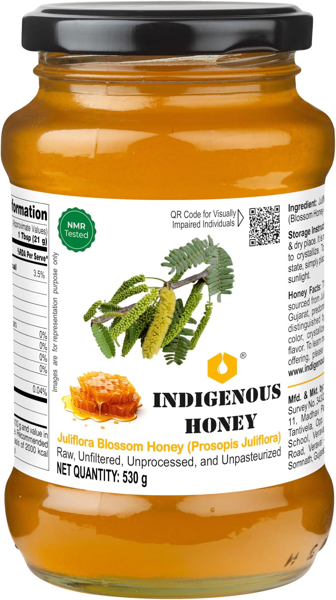 INDIGENOUS HONEY Juliflora Babool Kikar Honey Organic Pure 530g Glass Jar | Natural Raw Unprocessed NMR Tested Original Honey Pack of 1