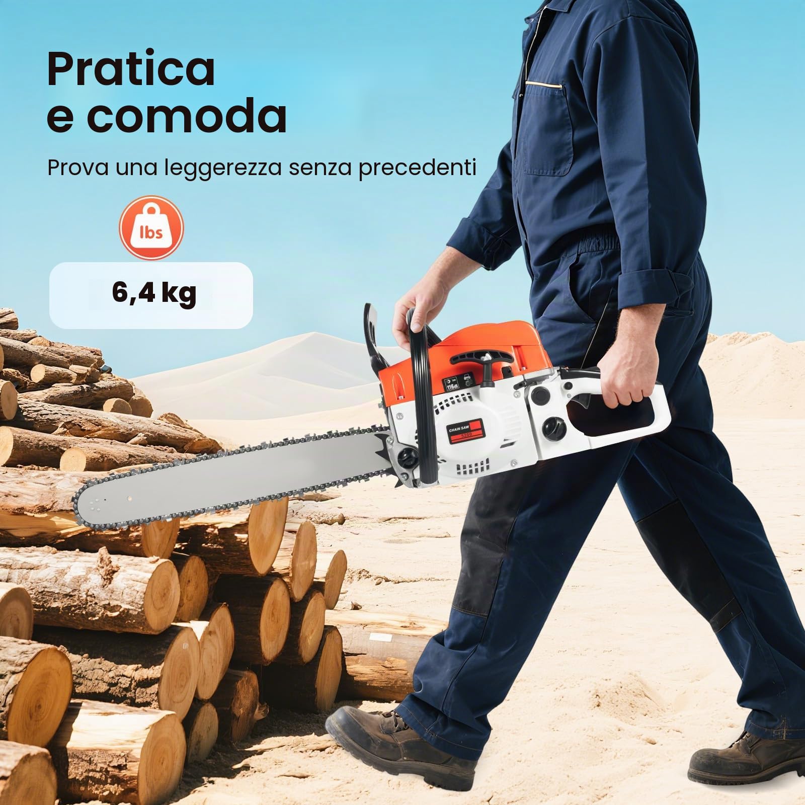 Motosega Termica, Motosega Benzina, Chainsaw 52cc Sega a Catena 2 Tempi 2.0kW Guida 20 Pollici 51cm Freno Doppia Lubrificazione Automatica Avviamento Manuale Taglio Legno Giardino Foresta Fattoria