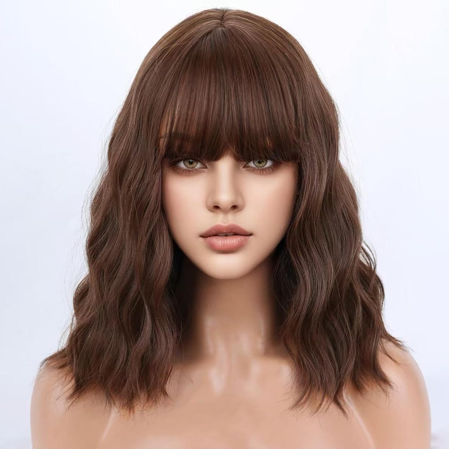 Mixed Brown Wig With Bangs for Women Short brown Curly Wavy Heat Resistant Synthetic Cosplay Wigs for Daily Use With Wig Cap thumbnail
