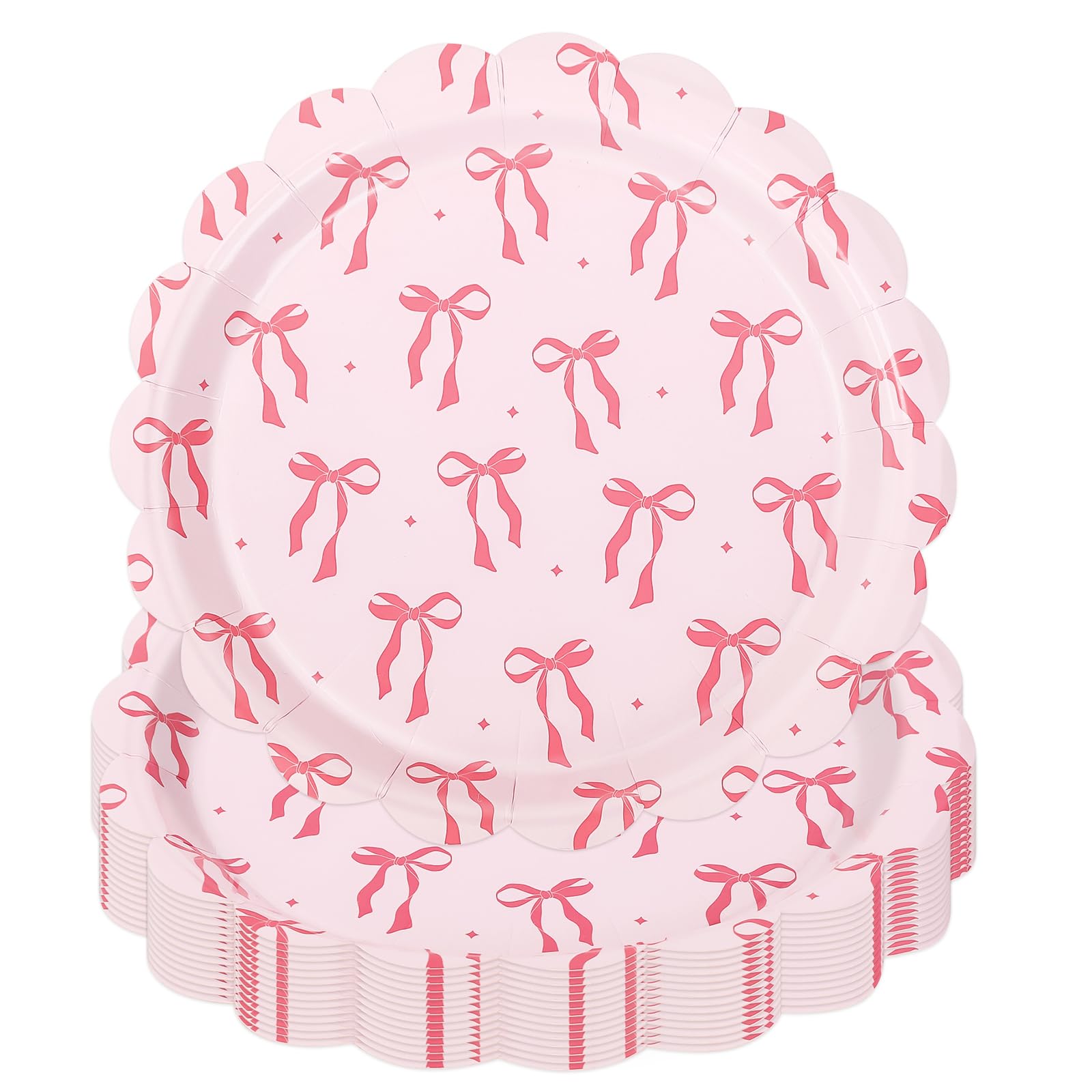 JarThenaAMCS 50 Pcs Pink Bow Paper Plate Scalloped Bowknot Disposable Plate 9 Inch Decorative Dinner Plate for Girl Bachelorette Bridal Engagement