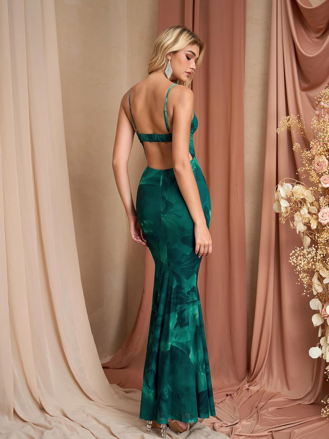 Auraxe Women's Floral Mesh Bodycon Maxi Dresses for Wedding Guest Spaghetti Strap Long Formal Cocktail Party Dress - Image 2