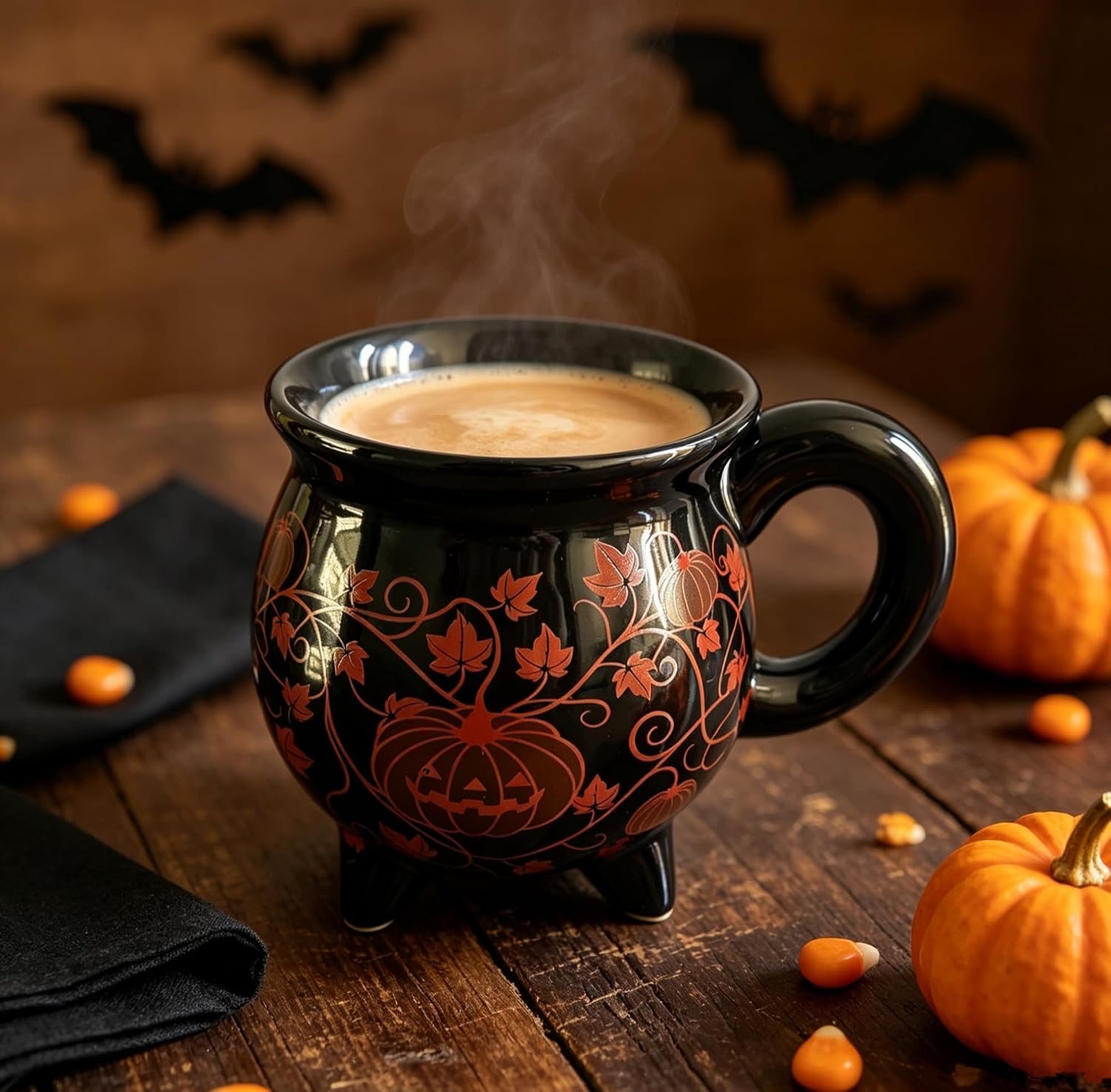 Halloween Ceramic Cauldron Mug, 17 Ounces Coffee Cup, Glossy Finish with Handle, Reusable Hot Beverage Container for Adults (Witch, Black)