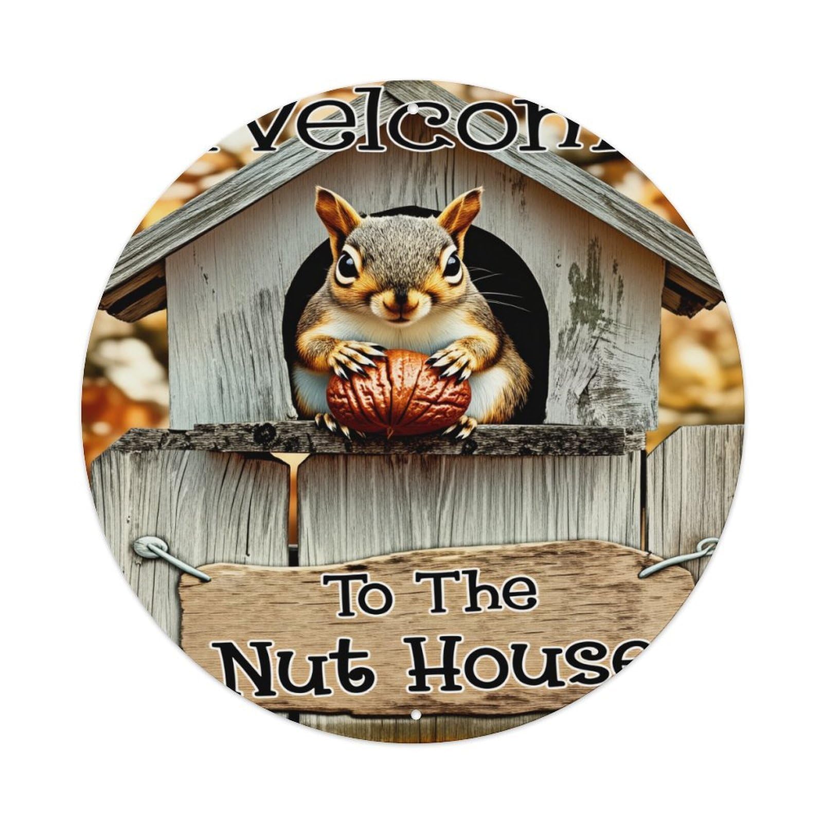 Squirrel Holding Nut In House Round Tin Sign Retro Metal Sign for Cafe Bar Pub Home Game Room Gym Club Wall Decoration Vintage Metal Poster 8x8 Inch