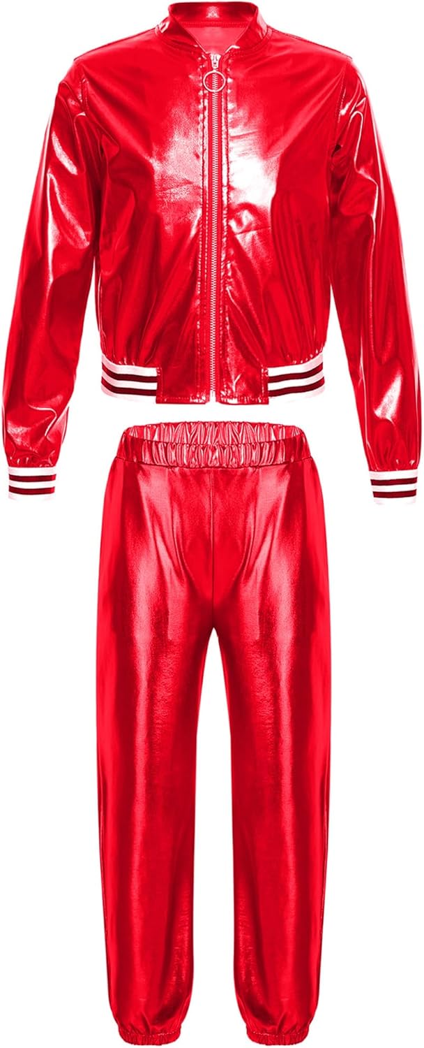 Jugaoge Kids Girls Shiny Metallic Dance Performance Costume Hip Hop Street Dance Dancewear Workout Tracksuit