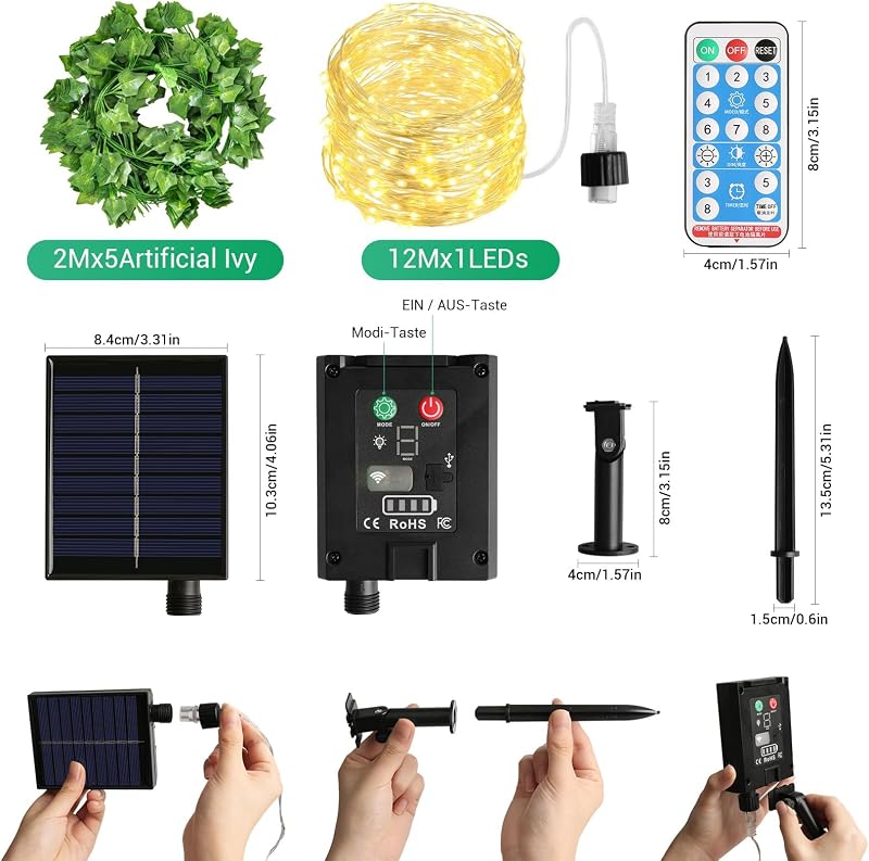 KAMEUN 12m Napelemes Borostyán Füzér 100 LED Kültéri Dekoráció Időzítővel