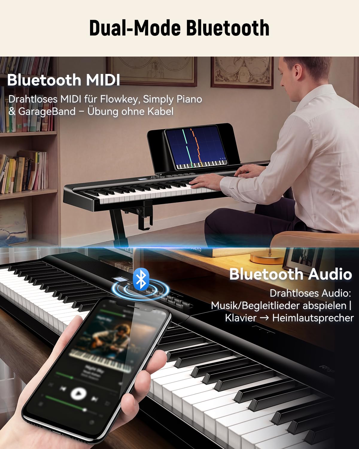 Faltbares Digitalpiano 88 Tasten Halbgewichtet, Bluetooth MIDI E-Piano, Dynamischer Anschlag, 128 Polyphonie, 30W Stereo-Lautsprecher, Split/Dual/Metronom, inkl. Sustain-Pedal, Anfänger & Profis