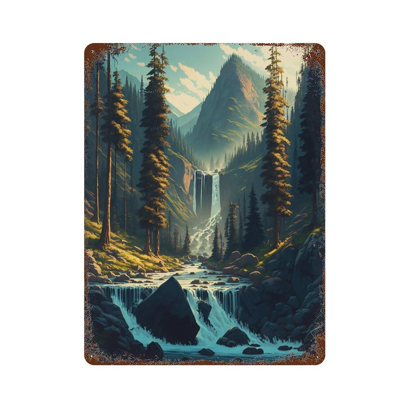 Vintage Rust Metal Sign Moutain Waterfall 15.7"x11.8", Decorative Metal Wall Art for Basement, Hobby Room And Garage Decor