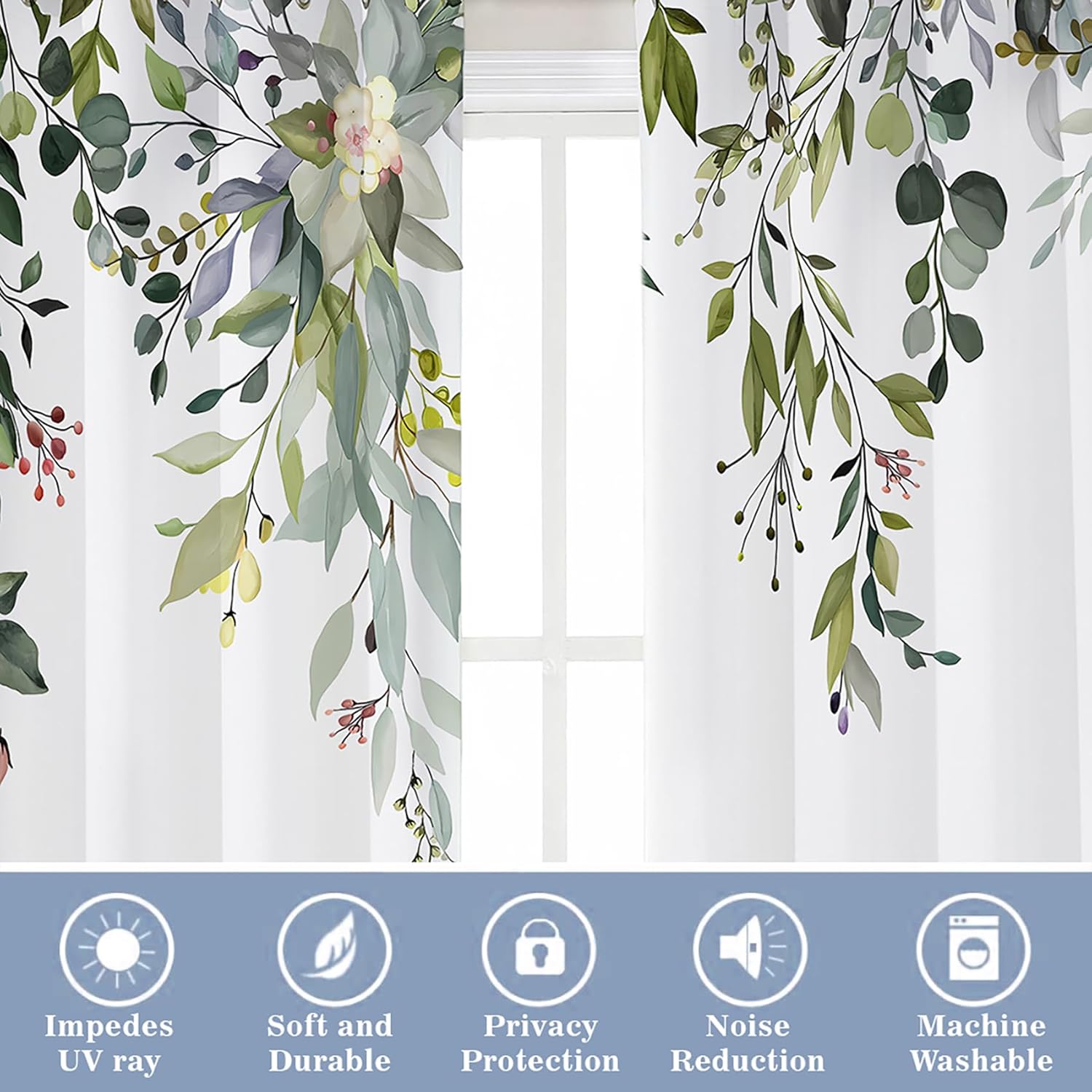 Green Eucalyptus Leaf Curtains 63 Inch Length 2 Panels Set White Floral Plant Drapes Noise Reducing Thermal Bathroom Kitchen Window Curtains Over Sink 42" W X 63" L Inches