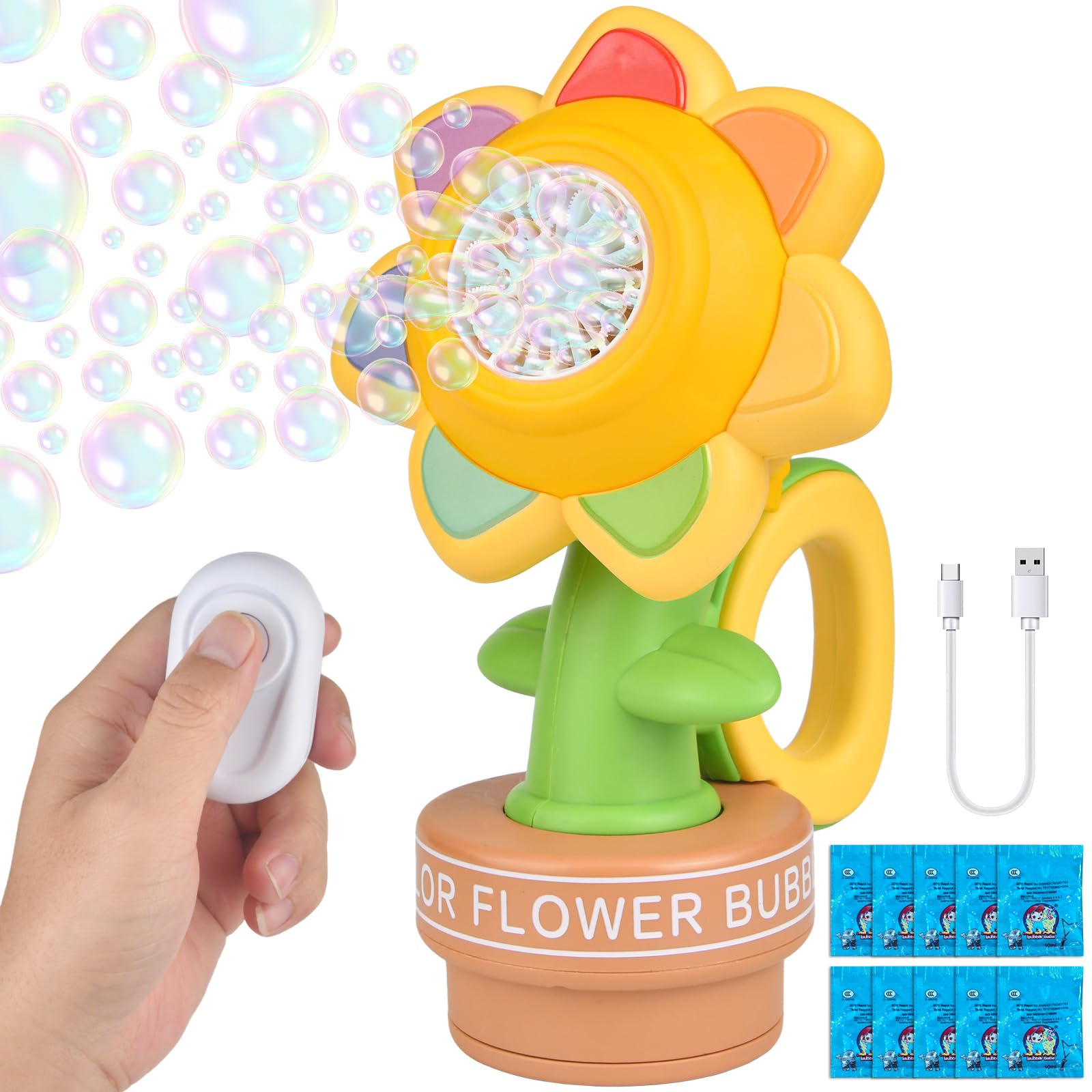 Bubble Machine for Kids, Remote Control Sunflower Bubble Machine with Lights, Rechargeable Bubbles Gun Outdoor Garden Toys for Toddlers Girls Boys, Bubble Maker Wand for Summer Play & Birthday Party