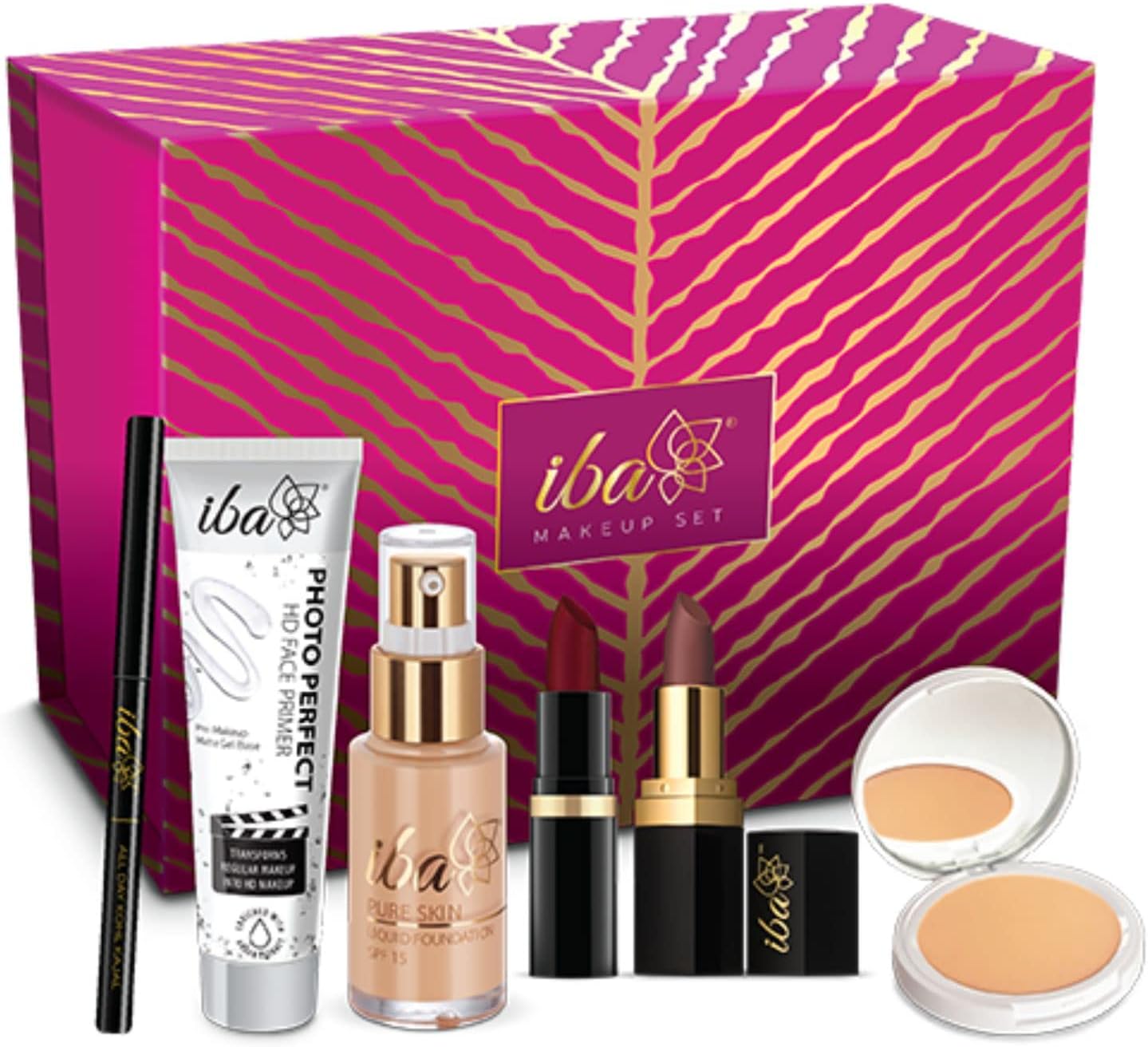 IBA Makeup Set, Dusky, Vegan, Matte Finish, Full Coverage Foundation, Compact Powder, Kajal, Lipstick