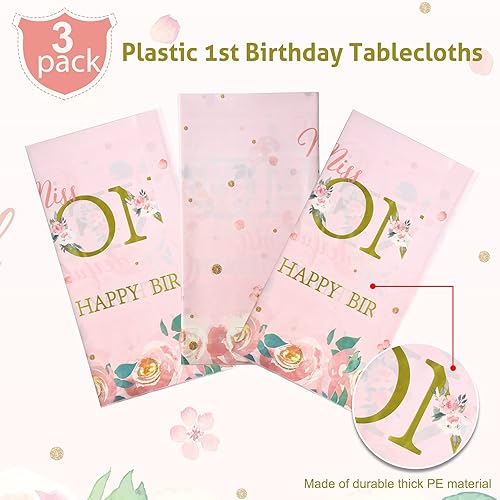 Miniatura 3 de Tatuo Mantel de 3 piezas para fiesta de primer cumpleaños, mantel desechable de plástico con diseño floral de Miss Onederful para niños, suministros