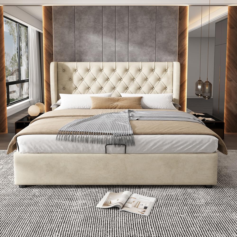 Lubvtti Cama acolchada de terciopelo con forma de oreja, cama de matrimonio con espacio de almacenamiento hidráulico, cama de matrimonio con somier de láminas (beige, 180 x 200)