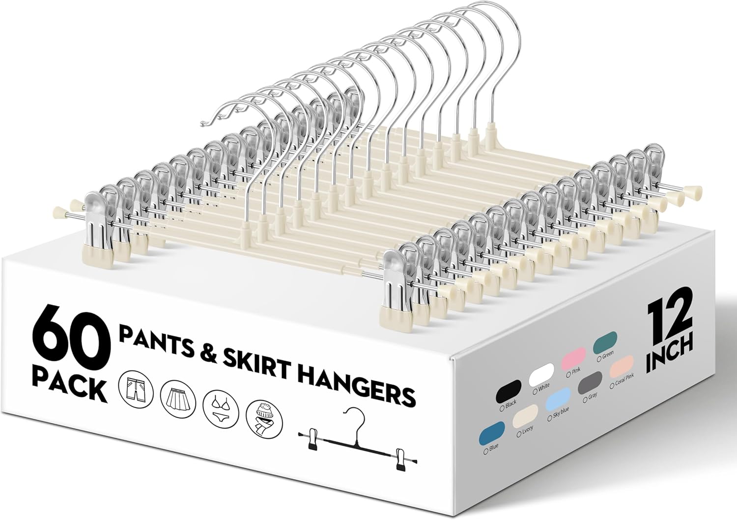 60PACK Pants Hangers with Clips Adjustable Skirt Hangers for Women Metal Non-Slip Trousers Hanger Heavy Duty Space Saving Clothes Hanger for Shorts,Jeans,12Inch Lvory