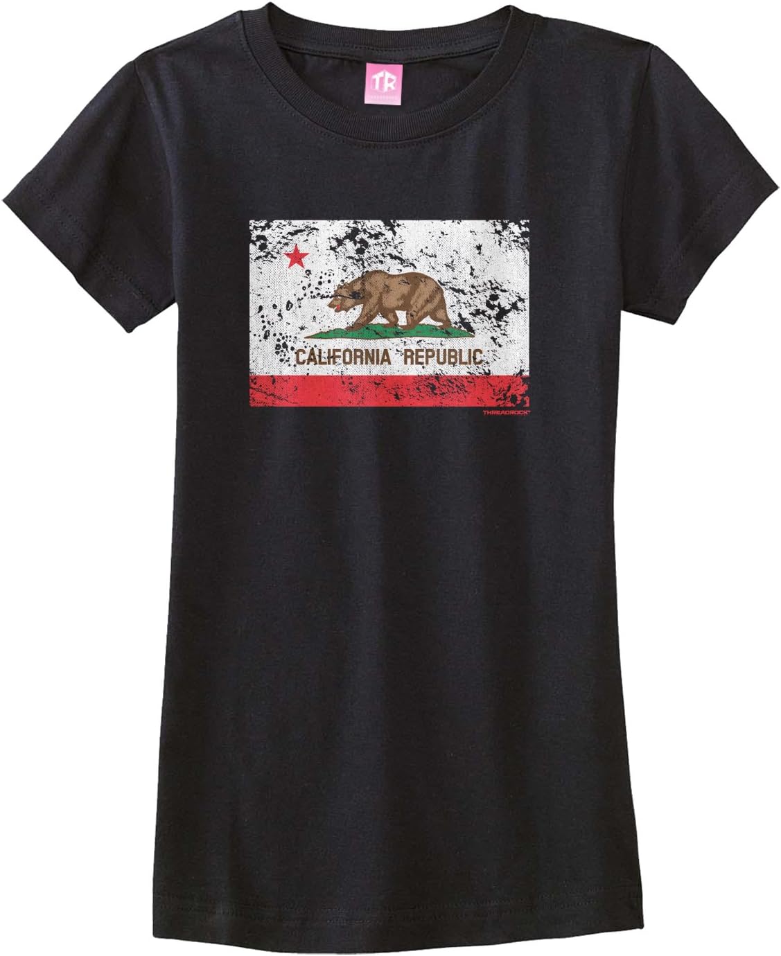 Threadrock Big Girls' Distressed California Flag Fitted T-Shirt