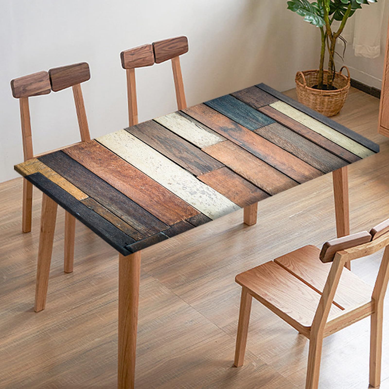 Odot Stretch Tablecloth, Rectangular Table Cover with Elastic Edged, 3D Wood Grain Washable Fitted Protector for Banquet Folding Desk Event Wedding (Wooden Board B,244x77cm)