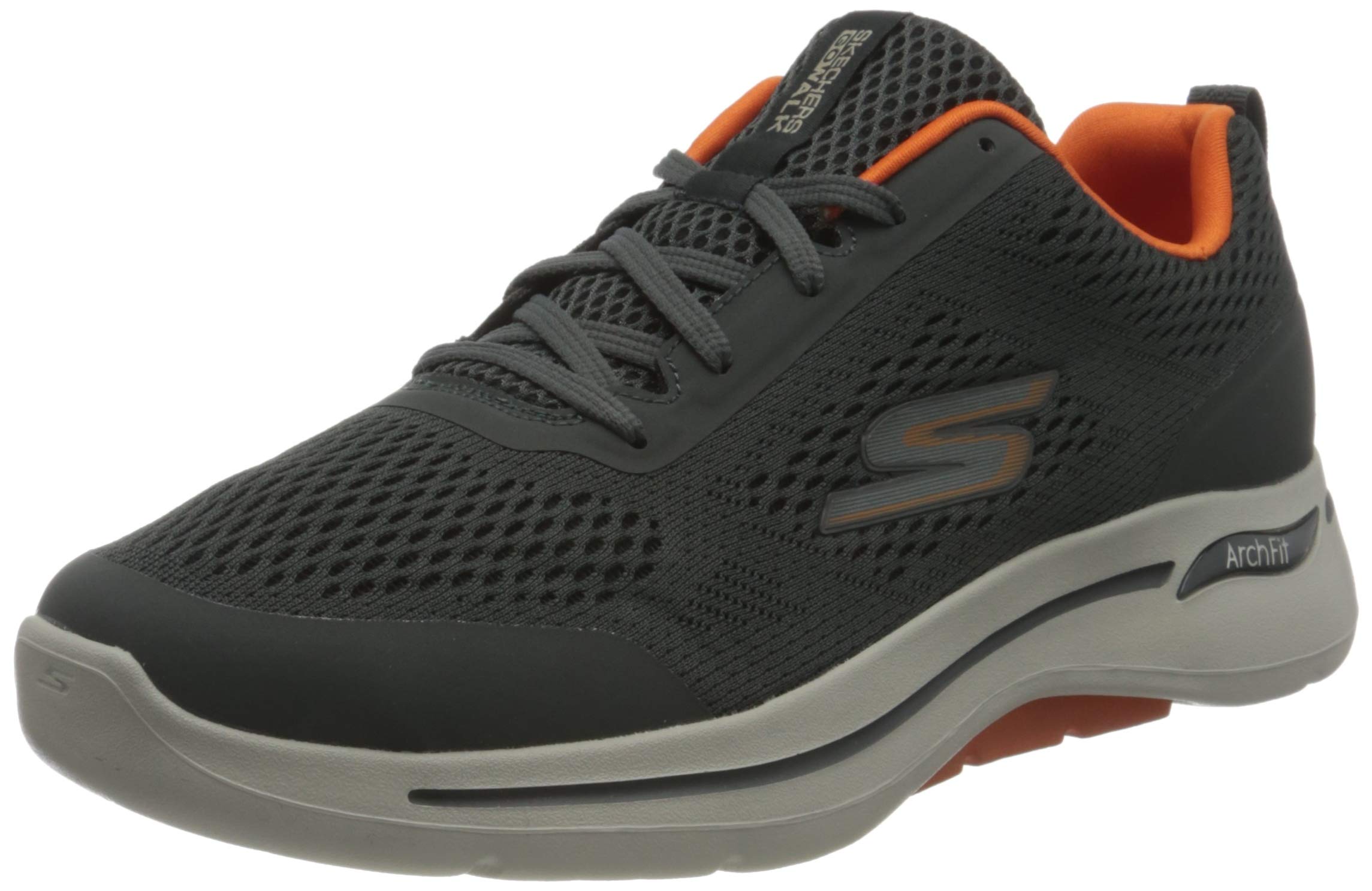 Skechers Men's Go Walk Arch Fit Idyllic Trainers, Charcoal Textile/Synthetic/Orange Trim, 14 UK