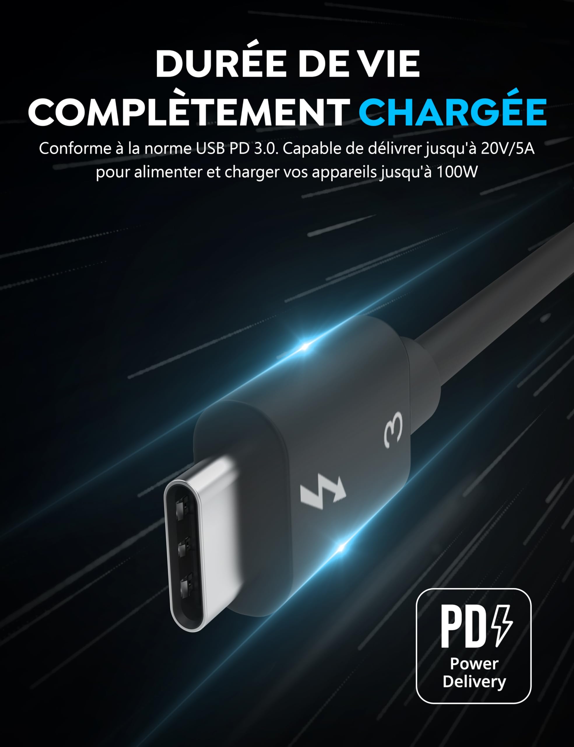 Câble USB C Thunderbolt 3, Certifié Intel, Type C Charge Rapide100W/40Gbps/5K UHD, Câble USB-C vers USB C Compatible pour Moniteur, écran Studio, M1 M2 Macbook, SSD, eGpu, Station D'accueil (CB-T320)