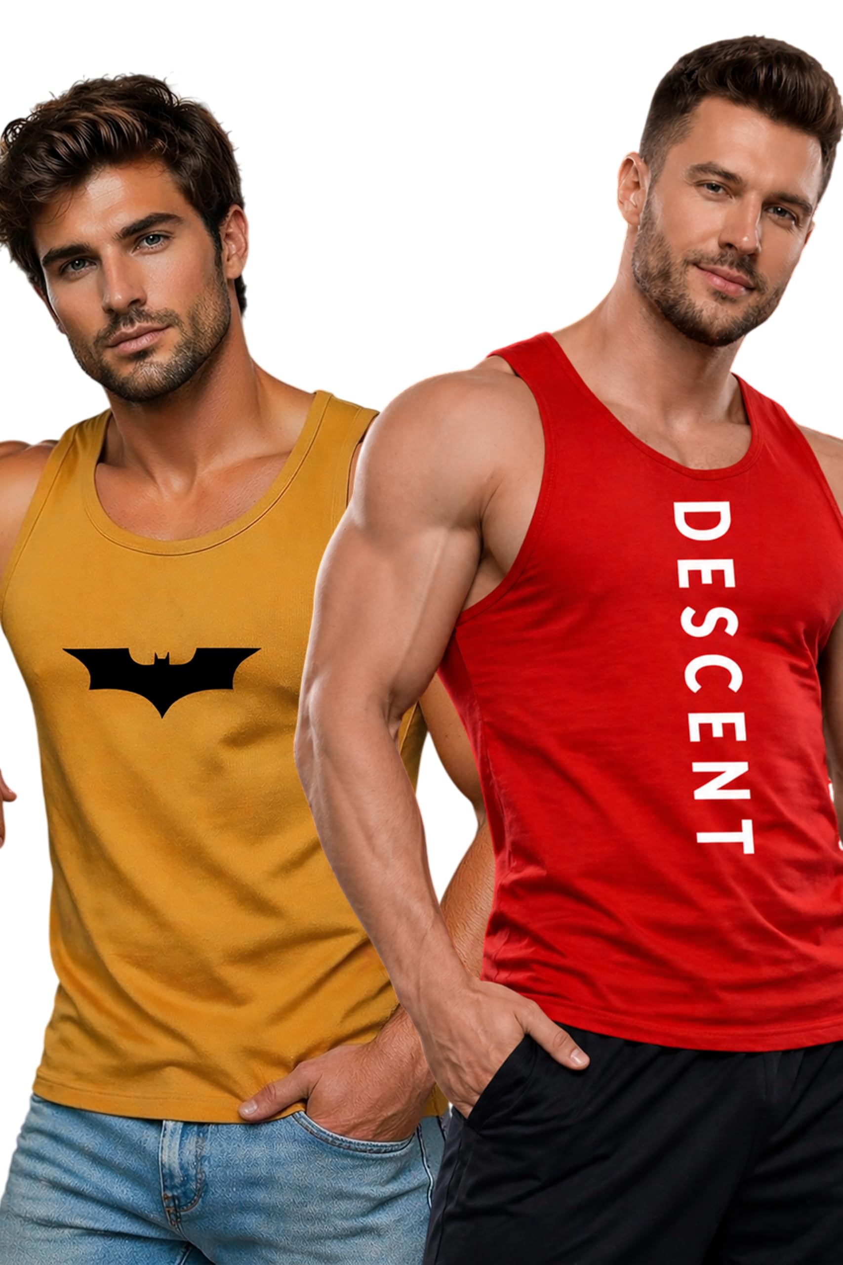 Polyester Letter Printed Vest for Men - Pack of 2 - Red & Mustard | Round Neck | Sleeveless | Regular Fit | Summer & Gym Wear Tank Top for Men-image-20