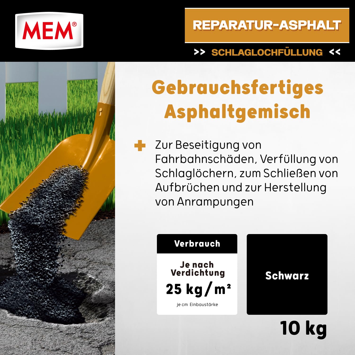 MEM Reparatur Asphalt 30836931 - Prodotto di riparazione per asfalto, elimina i danni alla strada, pronto all'uso, facile da lavorare, superfici utilizzabili immediatamente, per riempire buche, 10 kg