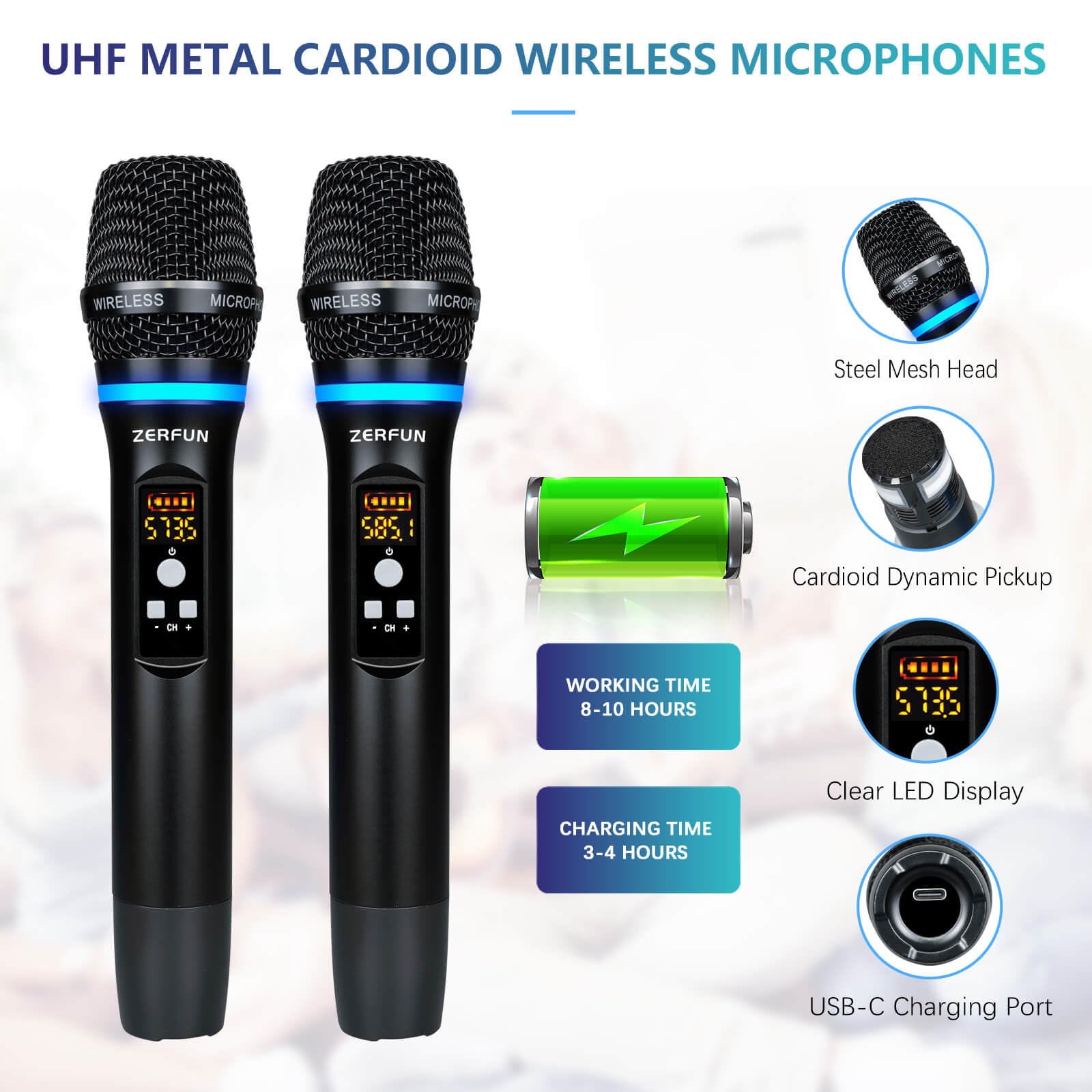 Amazon.com: ZERFUN Dual Wireless Microphones Rechargeable, UHF