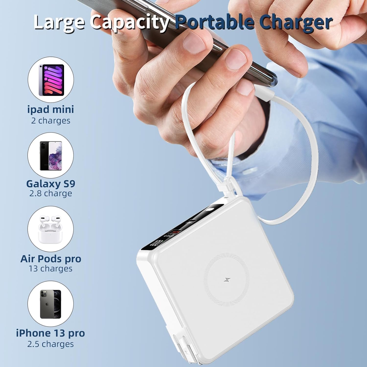 Portable Charger with Built-in Cables&AC Wall Plug10000mAh Wireless Charging(No-Magnetic) Power Bank PD 22.5W Fast Charging USB C Battery Pack for iPhone 17/16/15/14/13 Series, Samsung S23 S22 Android - Image 6