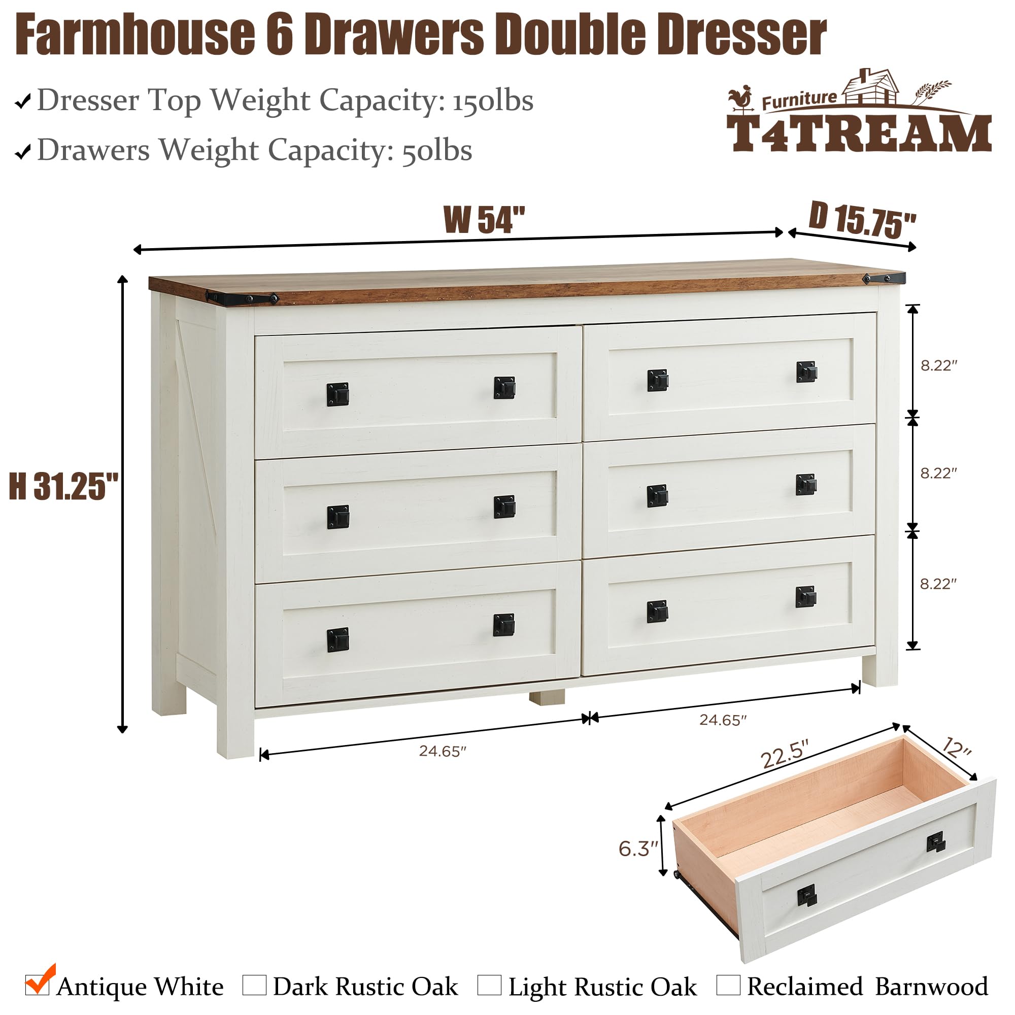 T4TREAM Farmhouse 6 Drawers Dresser for Bedroom, Wood Rustic Wide Chest of Drawers, Storage Dressers Organizer for Bedroom, Living Room, Hallway, Antique White