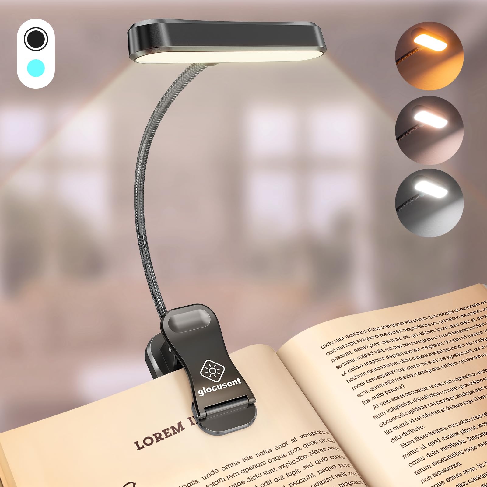 Glocusent Horizontal ET-Cabezal Luz para Leer Libros en la Cama, Cuidado de los Ojos, CRI 95, 3 Colores & 5 Brillos, Luz de Lectura Recargable de Larga Duración, Regalo para los Amantes del Libro