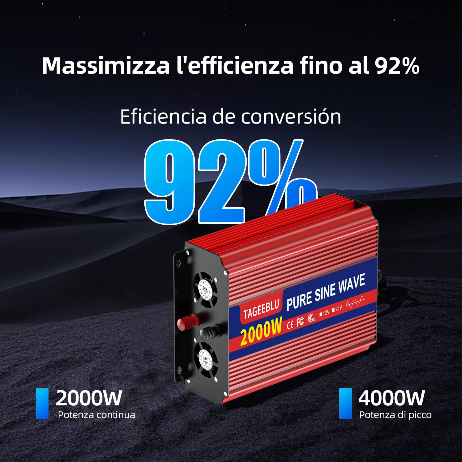 2000w Inverter 24v 220v Onda Pura con Display LCD & EU Presa