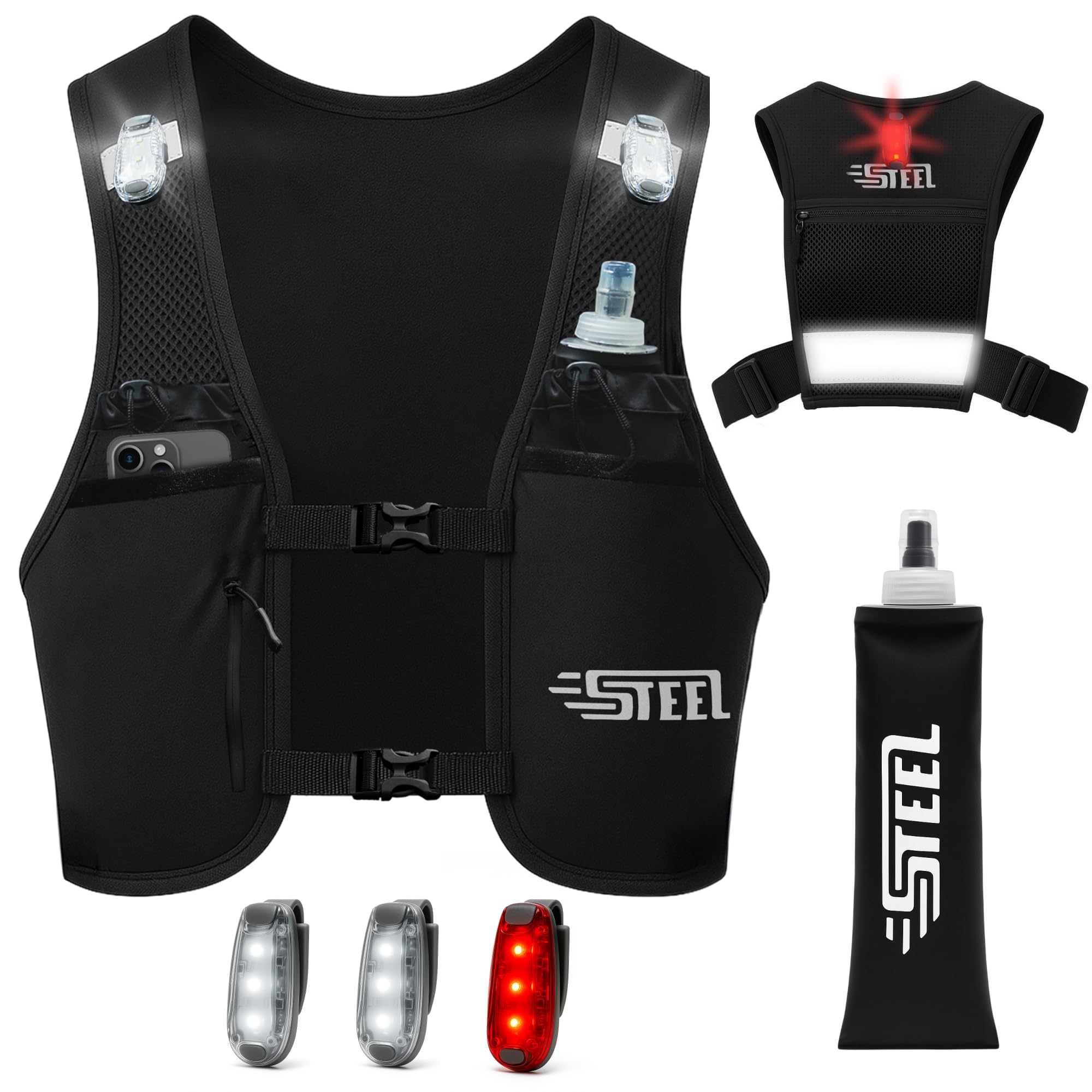 Giubbotto Running Idratante Riflettente LED Recheargeable, Porta Bottiglia d'acqua Regolabile, Gilet leggero, Borraccia Idratante 500 ML per Escursionismo, Trail