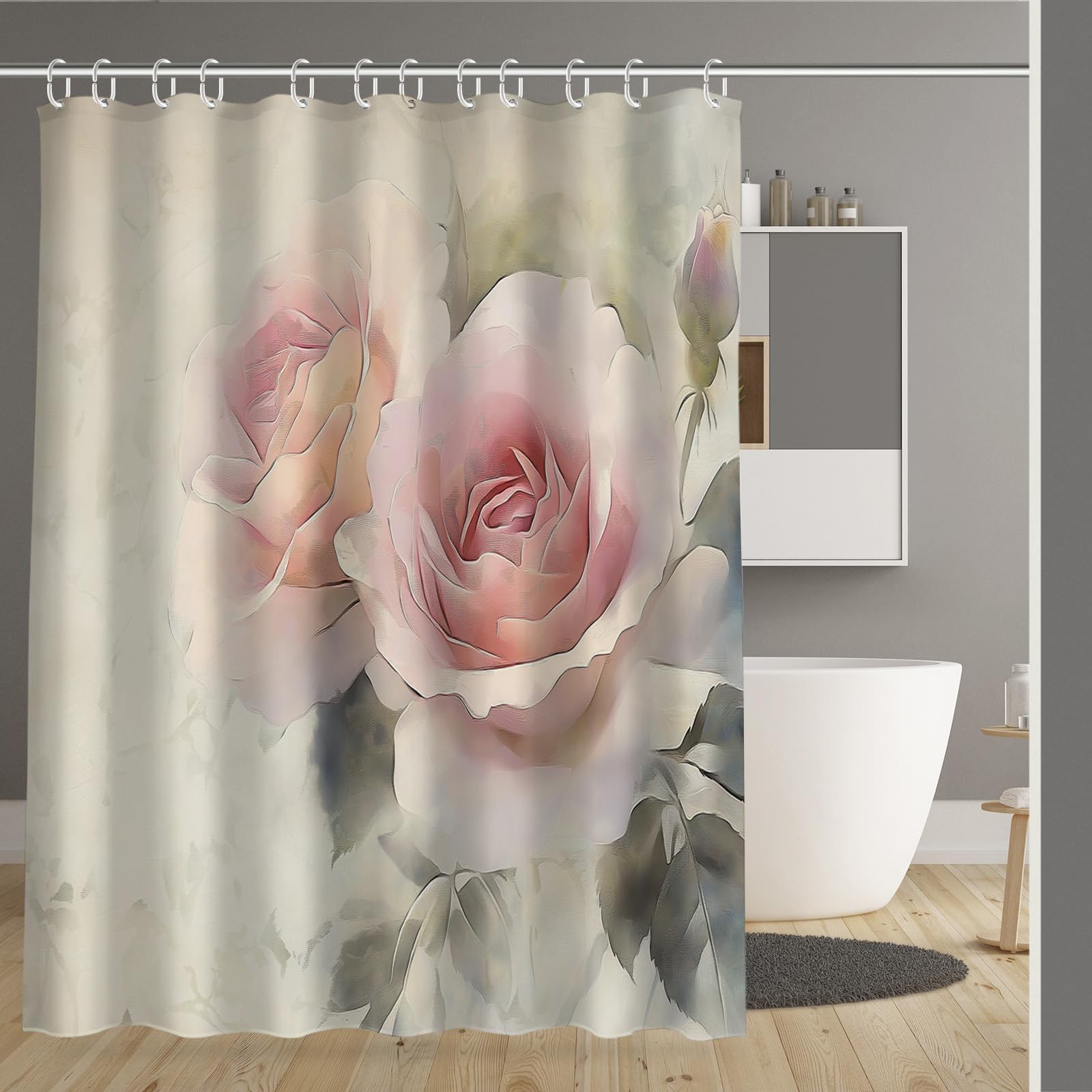 Rideau de douche roses anciennes avec ourlet inférieur lesté et crochets inclus 180x200