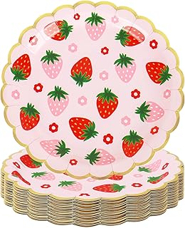50Pcs Strawberry Scalloped Paper Plates 9 Inch Gold Foil Disposable Dinner Plates for Summer Holiday Wedding Baby Shower Birthday Party Supplies