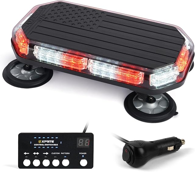 Xprite 42 LED Rooftop Beacon Strobe Light Bar Emergency Warning Hazard Flashing Snowplow Lights w/Controller for Construction Vehicles Towing Work Trucks Plows Pickup-White Red