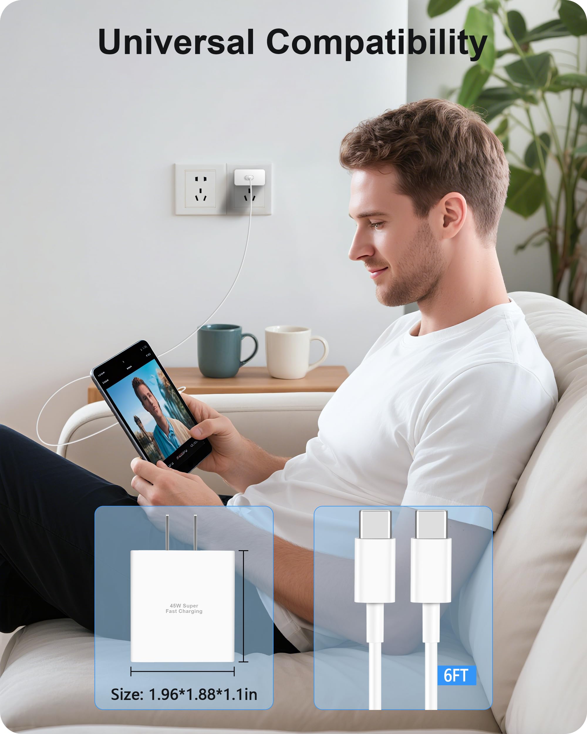 45W USB C Pixel 10 9 Charger, Type C Super Fast Charging Wall Charger Block & 6FT USB-C to C Cable for Google Pixel 10/10 Pro/10 Pro XL/9/9 Pro XL/Fold/8/8a/8 Pro/7/6/5, iPhone 16/15 Pro Max, Android