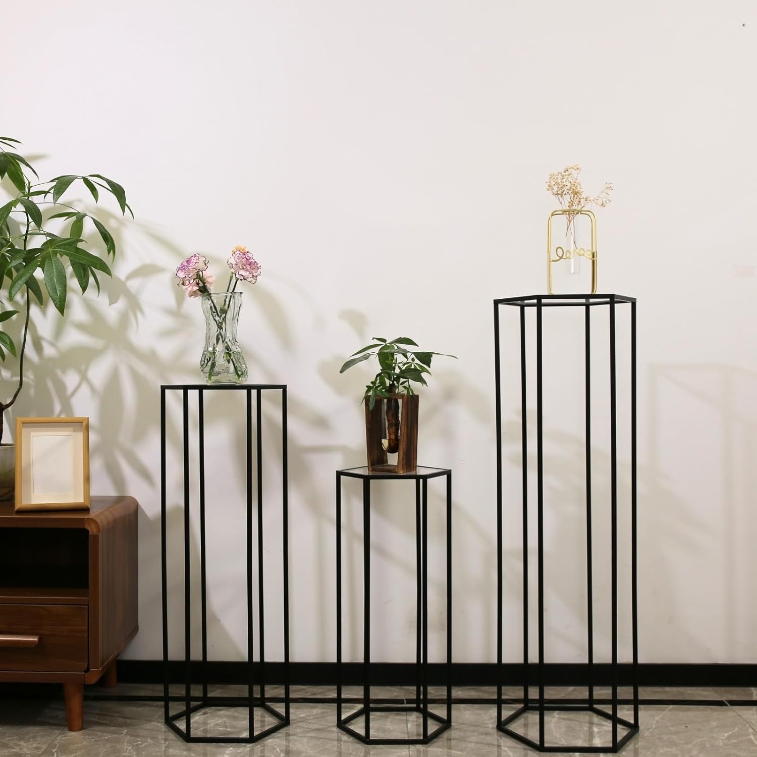 3PCS Hexagon Black Plant Stand Flower Stand for Party, Tall Metal Pedestal Stands for Display Decoration, Cake, Birthday, Wedding, Baby or Bridal Shower, Cylinder Column for Desserts