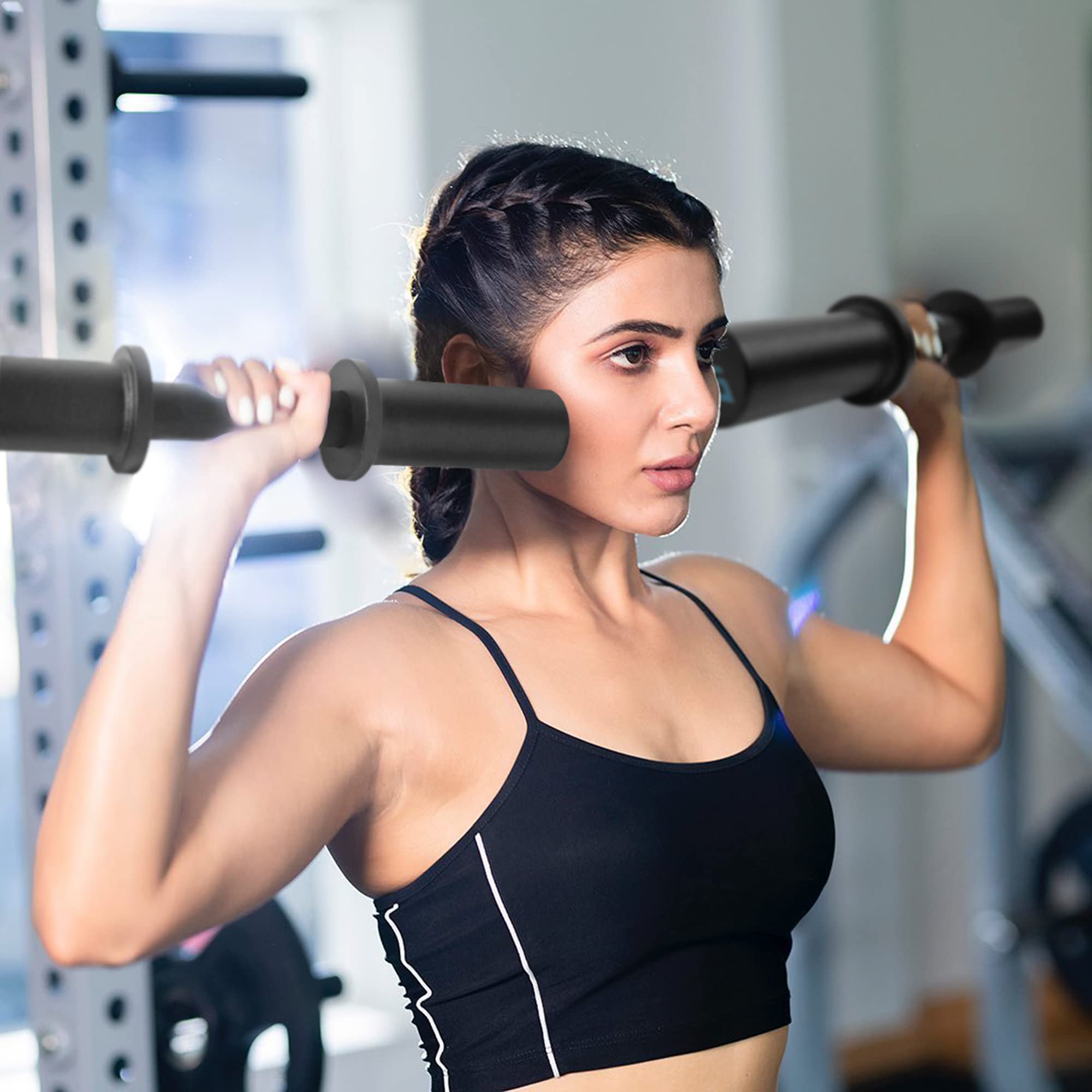 Barra de mancuernas de 16 pulgadas, mango olímpico para discos de peso olímpicos de 2 pulgadas, mancuernas cargables para entrenamiento de fuerza en el gimnasio en casa, 2 pares de collares de resorte