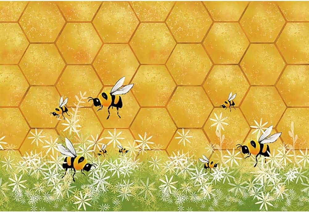Haoyiyi 6x4ft Sweet Bee Theme Princess Girl Happy Birthday Party Backdrop Photography Cartoon Hexagon Beehive Honeycomb Bumble Bee Spring Background Gender Reveal Baby Shower Photo Booth Prop