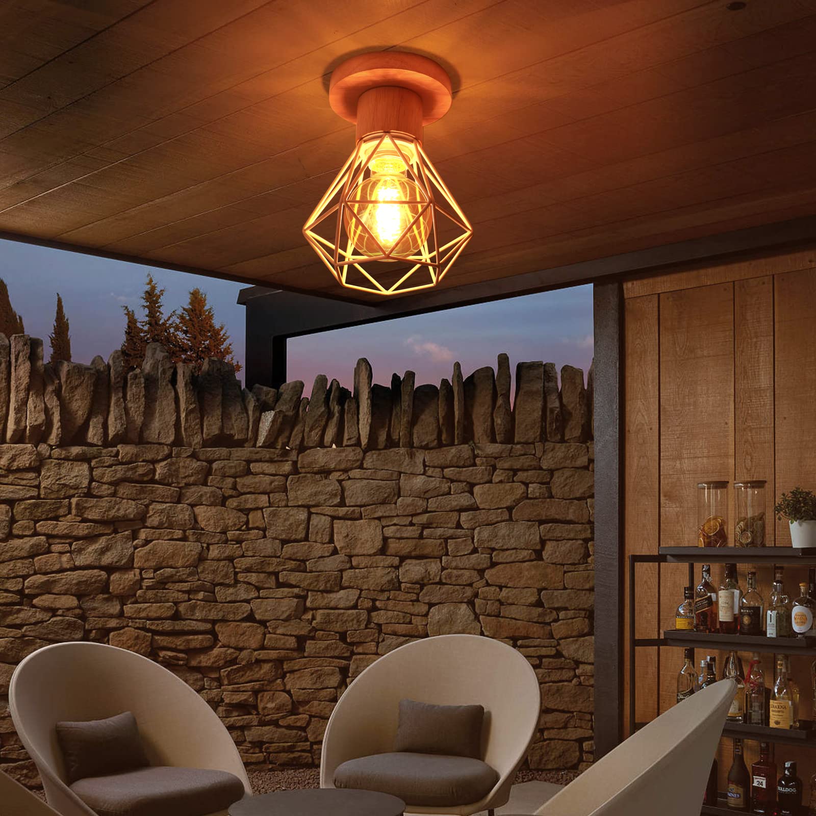 Plafonnier Vintage, Suspension Luminaire Industrielle E27 Lustre Abat-jour en Métal et Bois Ø160mm Rétro Pour Salon Cuisine Chambre (2pcs)