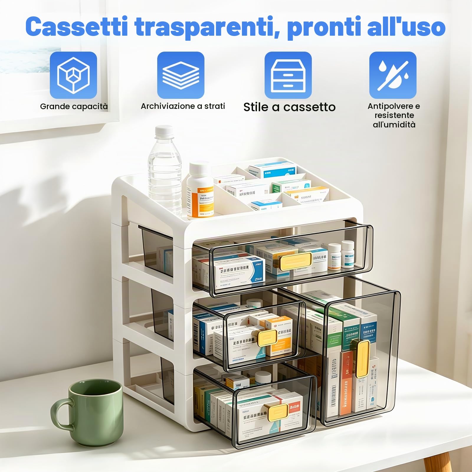 Organizer per armadietto medicinali a 4 ripiani, con cassetti trasparenti, armadietto farmacia domestica, grande contenitore per farmaci, cosmetici, vitamine (bianco)