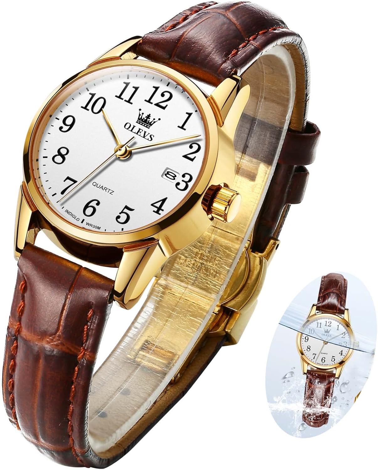 OLEVS Elegant Women’s Watch Brown Leather Chronograph Watches for Women Medium Dial Fashion Dress Women Watch Waterproof Quartz Female Wristwatch Day Date Diamond Retro Watch for Women