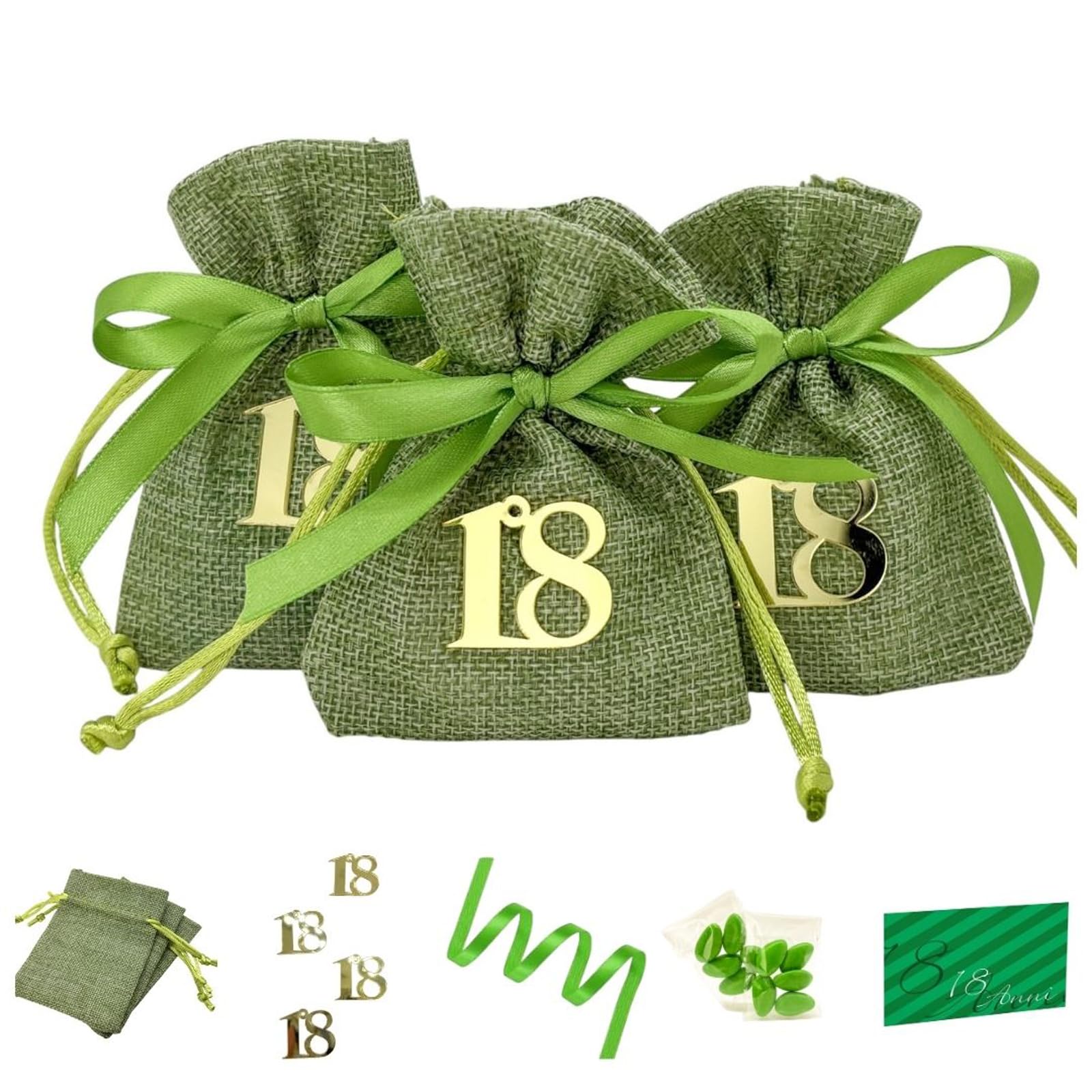 Sachets en jute verte 18 ans anniversaire Doni Bomboniere avec porte-dragées plexiglas - 12 pièces