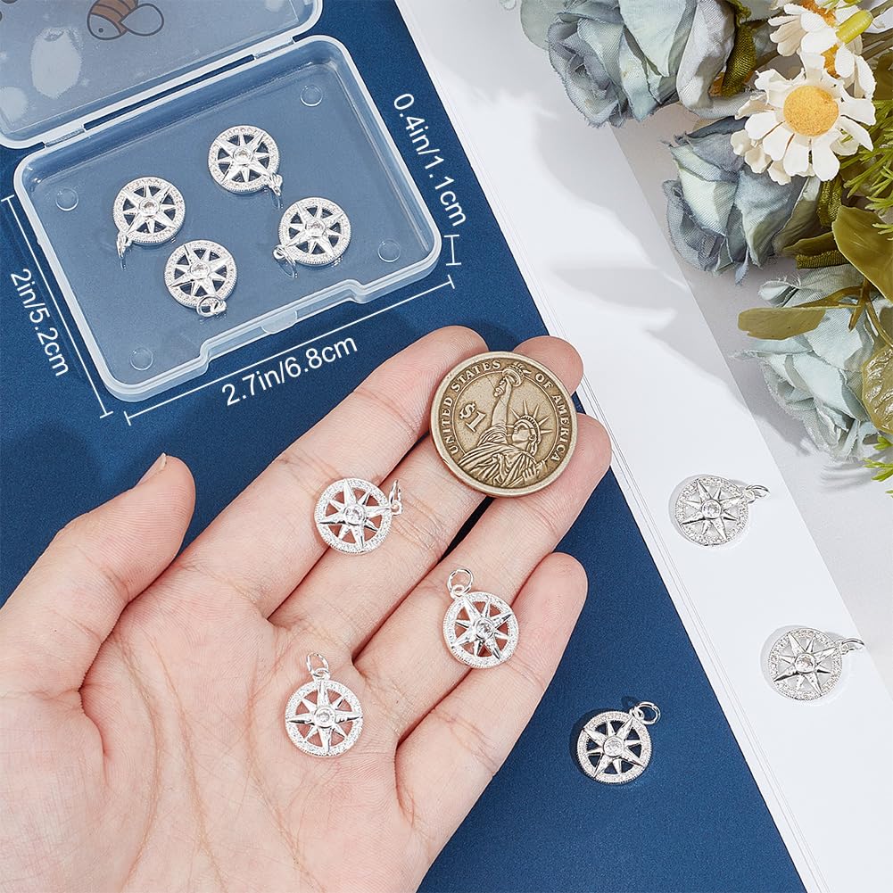 Beebeecraft 1 Box 10Pcs Compass Pendant Charms Real 925 Sterling Silver Plated Round Tibet Style Nautical Charms with Cubic Zirconia Jump Ring for Jewelry Making Bracelets Necklace Diy Crafts - Image 3