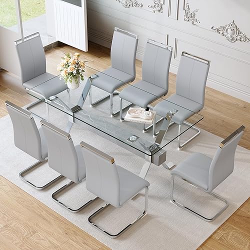 Miniatura 37 de Juego de mesa de comedor de cristal de 71 pulgadas para 6 personas | Juego de mesa de comedor moderno para 6 con sillas de piel sintética | Mesa de