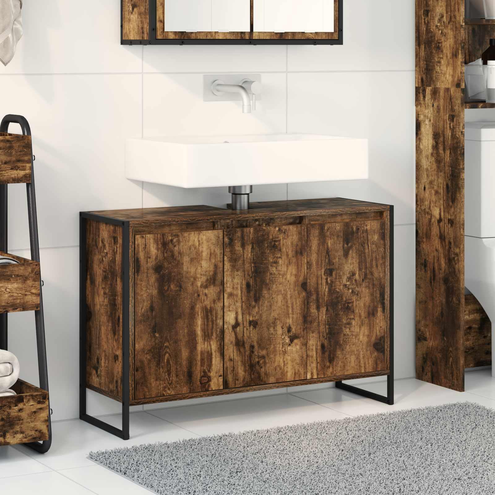 Meuble TV en bois massif de mangue avec 2 tiroirs et compartiment ouvert au design industriel, dimensions 120 x 35 x 45 cm, meuble TV stable avec espace de rangement pour le salon